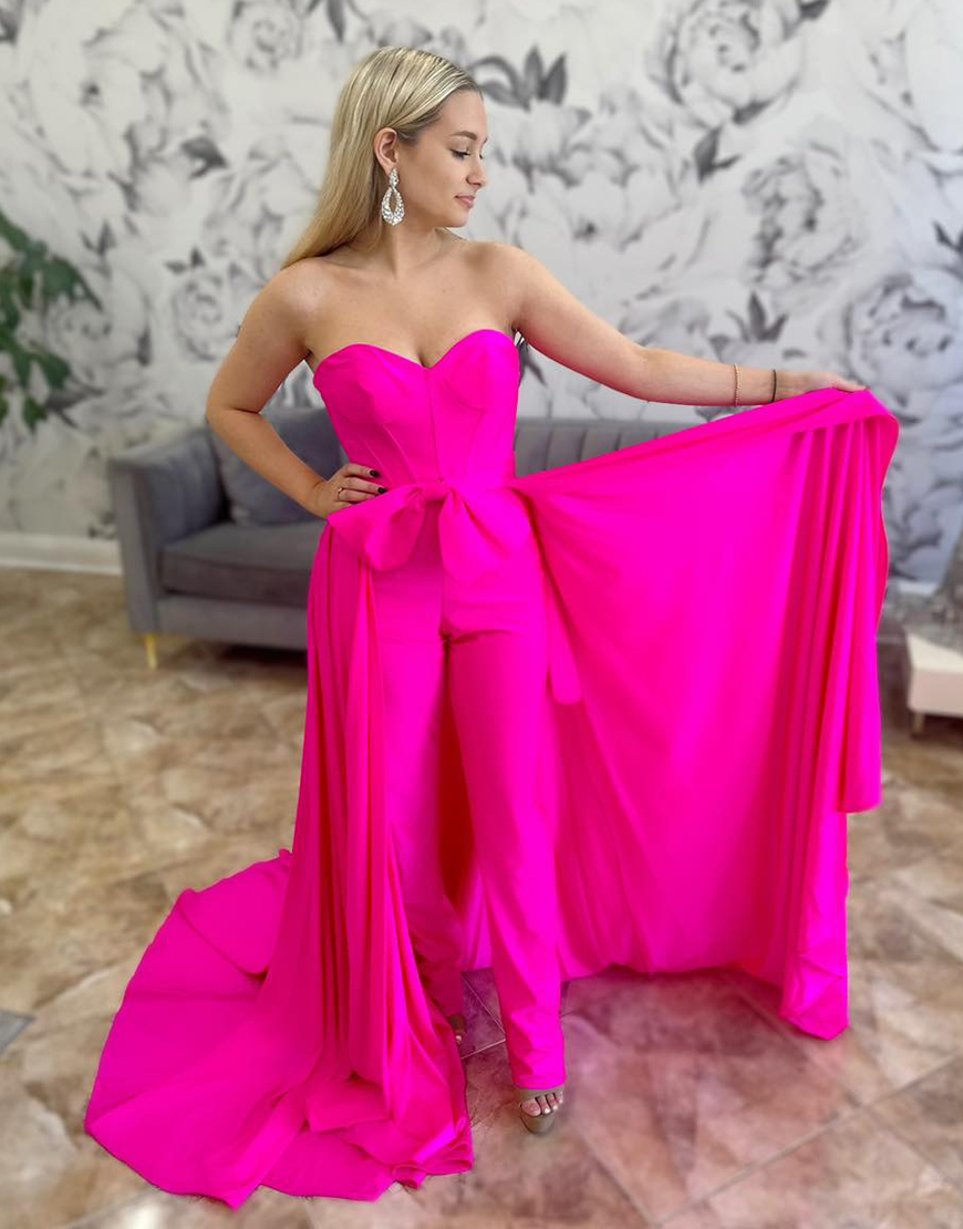 Fuchsia Strapless Corset Jumpsuit with Sweeping Train
