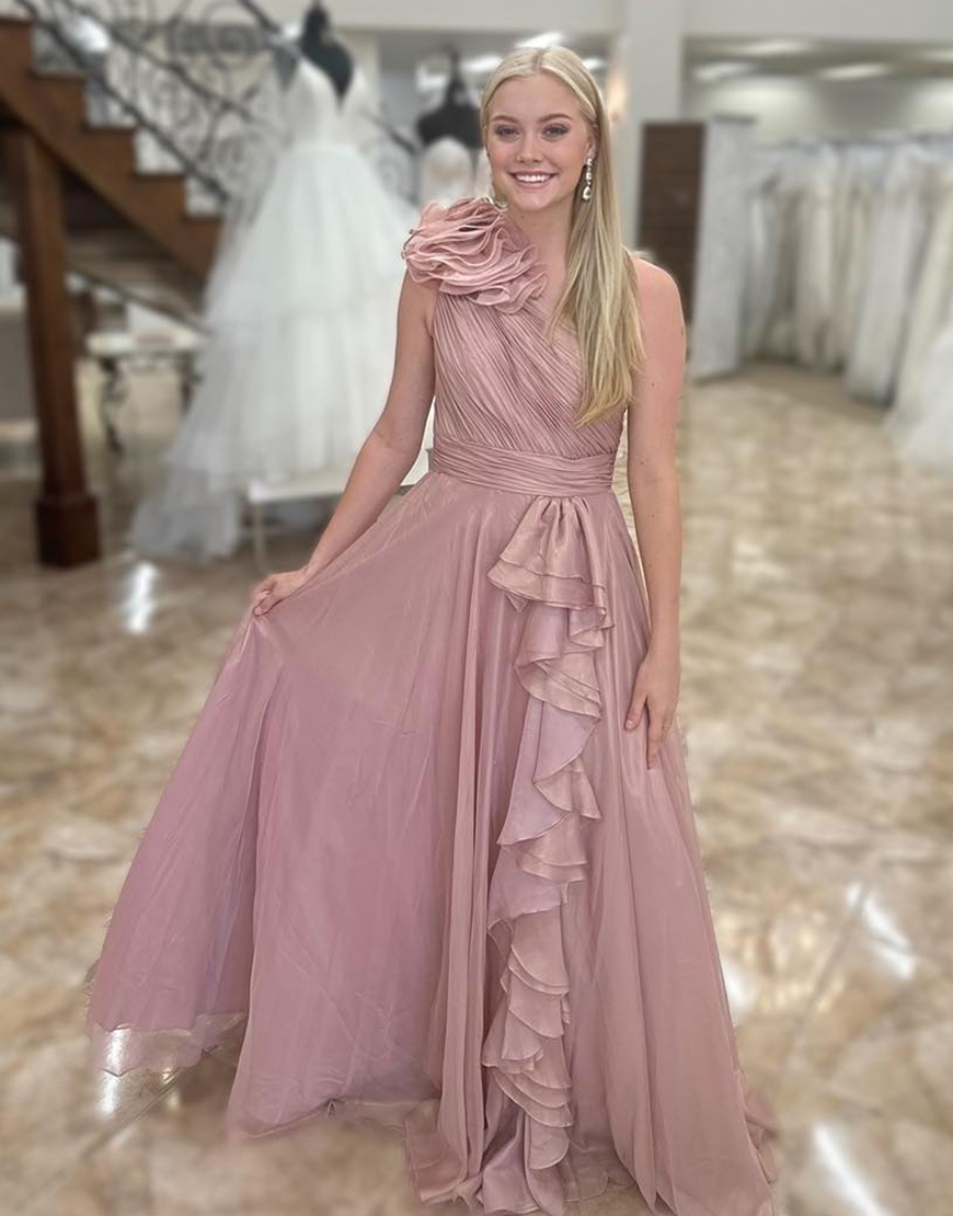 Blush A-Line Ruffled One Shoulder Ruched Long Prom Dress