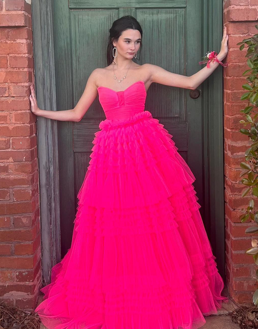 Fuchsia A-Line Strapless Ruffles Tulle Ruched Long Prom Dress