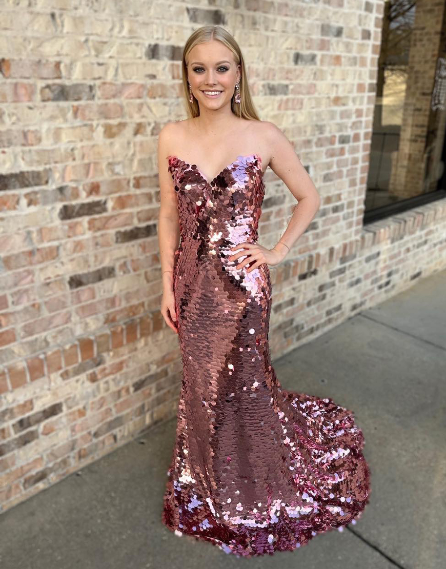 Sparkly Rose Gold Mermaid Strapless Sequins Long Prom Dress