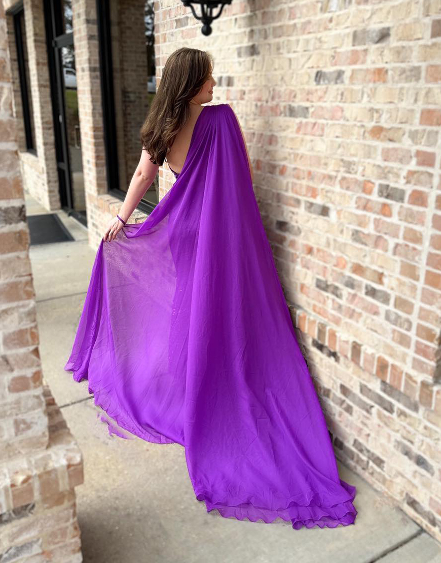 Sparkly Grape Sequined Spaghetti Straps Jumpsuit with Side Shoulder Cape