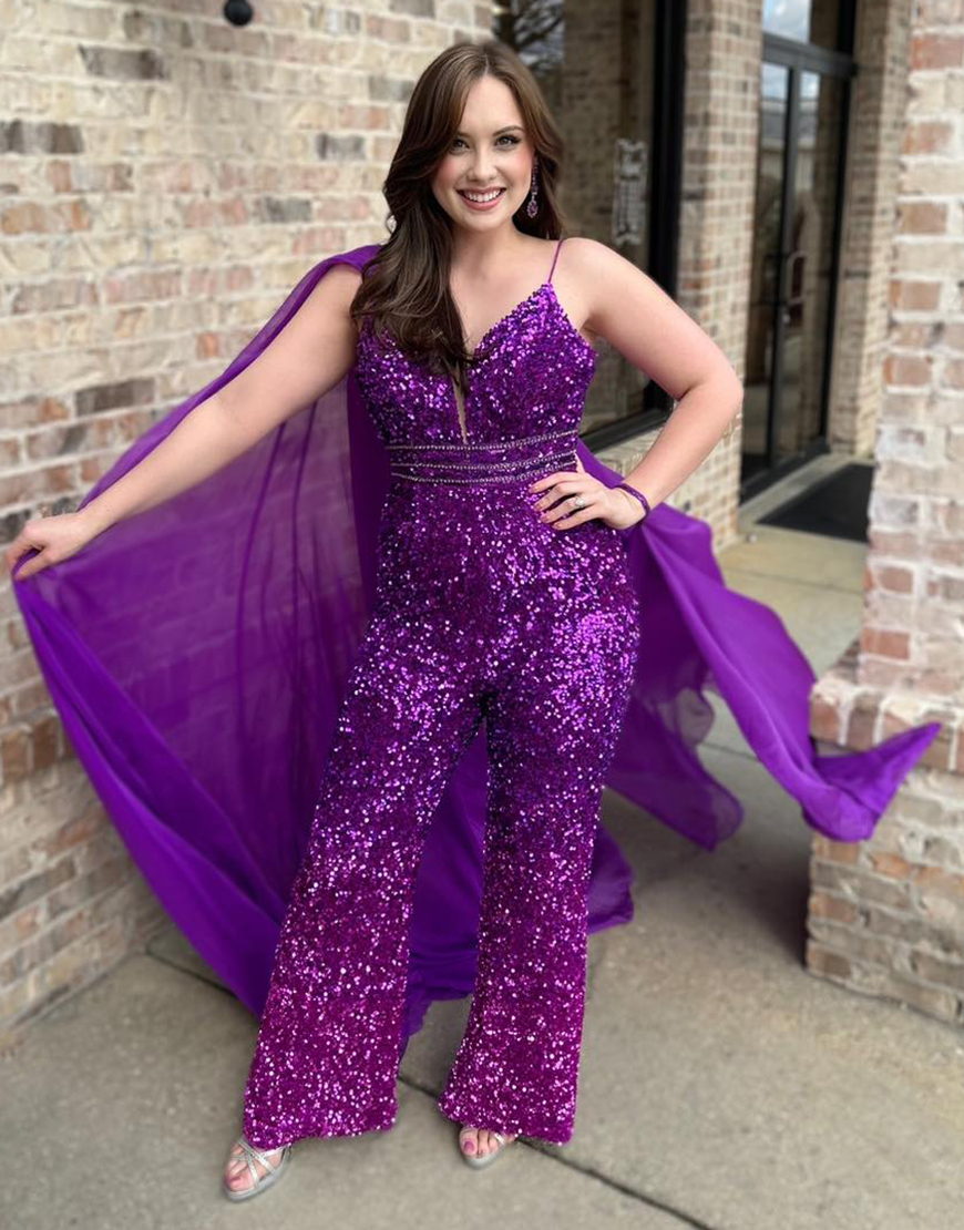 Sparkly Grape Sequined Spaghetti Straps Jumpsuit with Side Shoulder Cape
