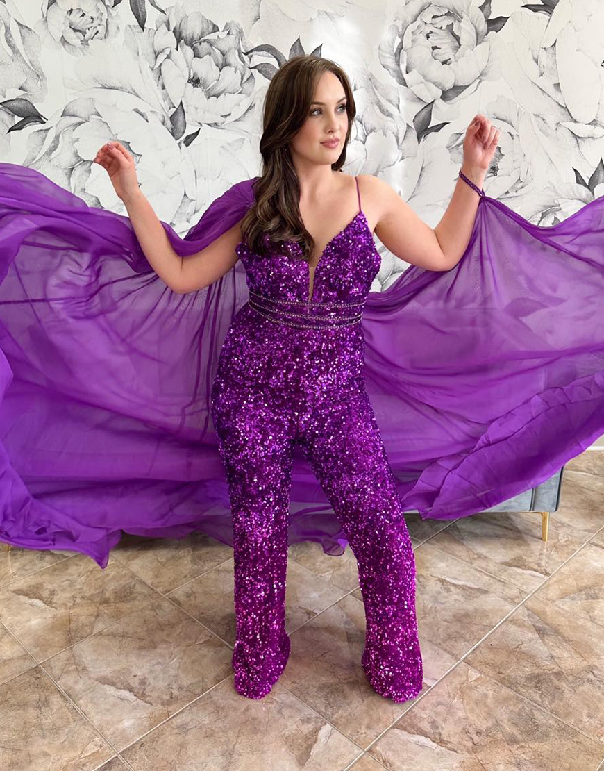 Sparkly Grape Sequined Spaghetti Straps Jumpsuit with Side Shoulder Cape