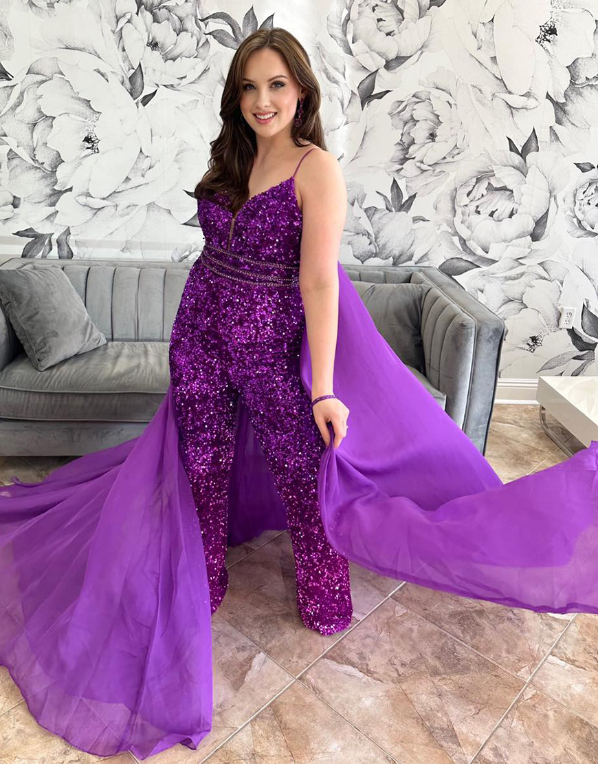 Sparkly Grape Sequined Spaghetti Straps Jumpsuit with Side Shoulder Cape