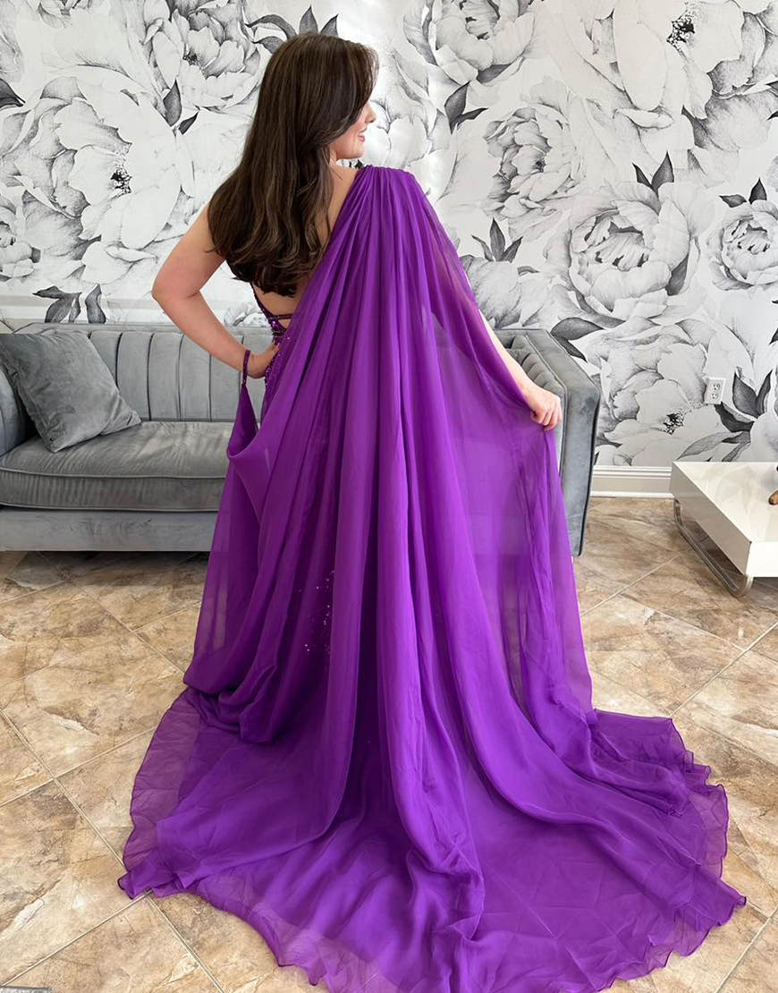 Sparkly Grape Sequined Spaghetti Straps Jumpsuit with Side Shoulder Cape