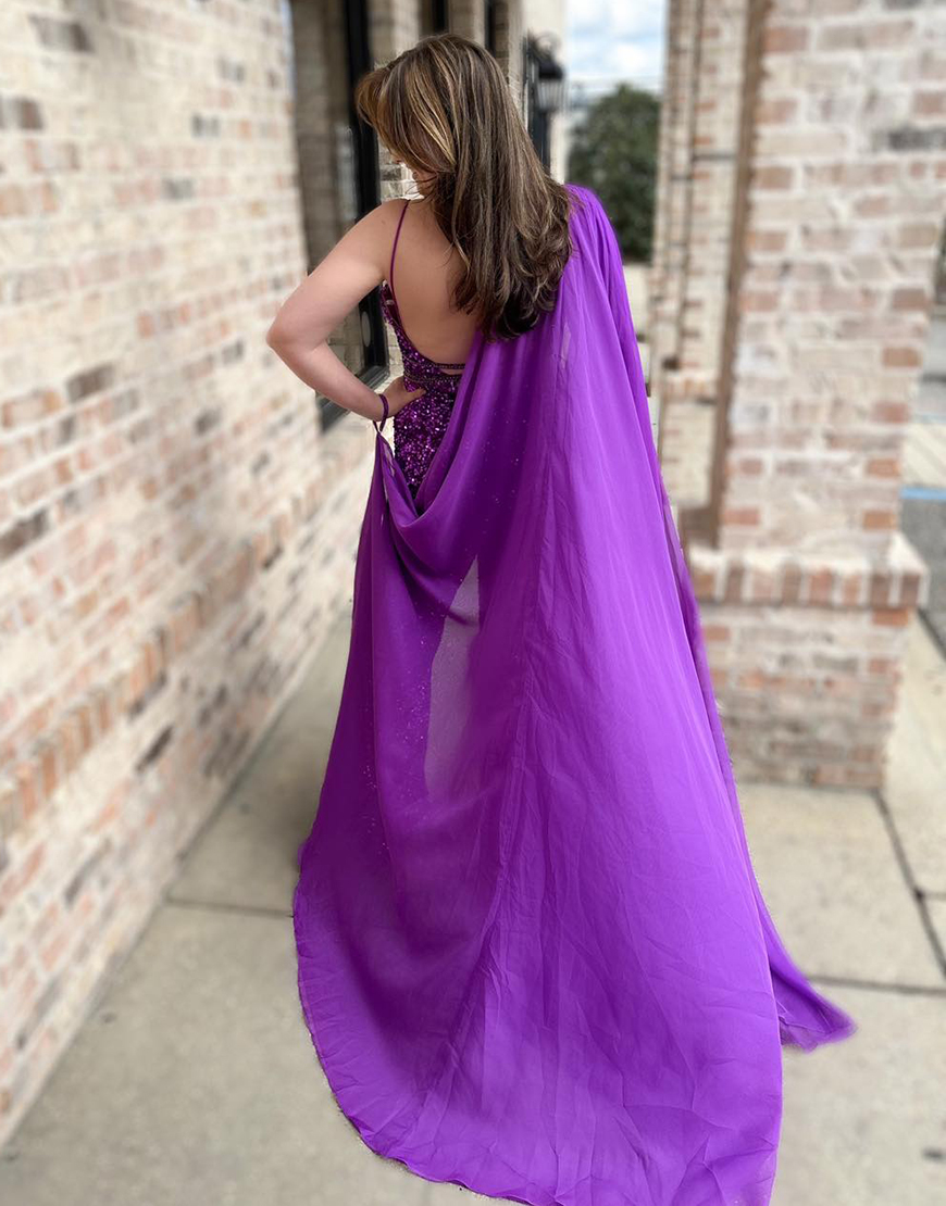 Sparkly Grape Sequined Spaghetti Straps Jumpsuit with Side Shoulder Cape