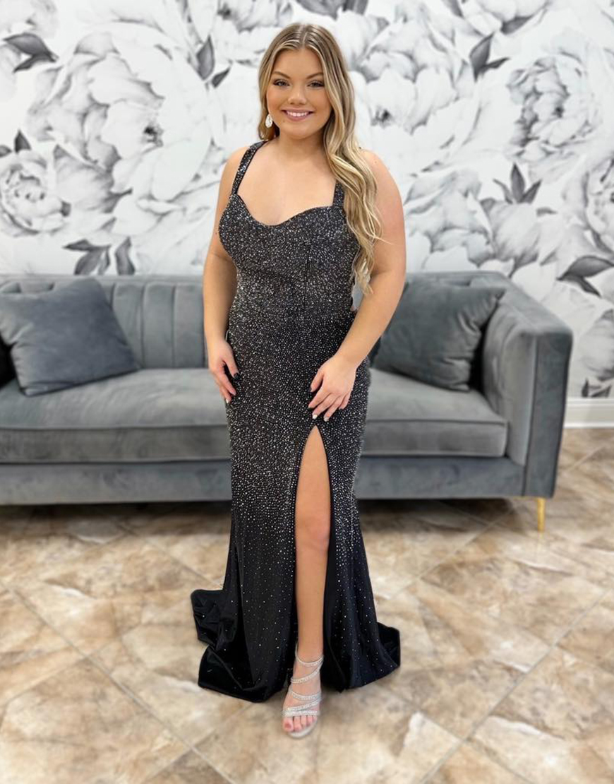 Sparkly Black Mermaid Beaded Lace-Up Back Long Prom Dress with Slit