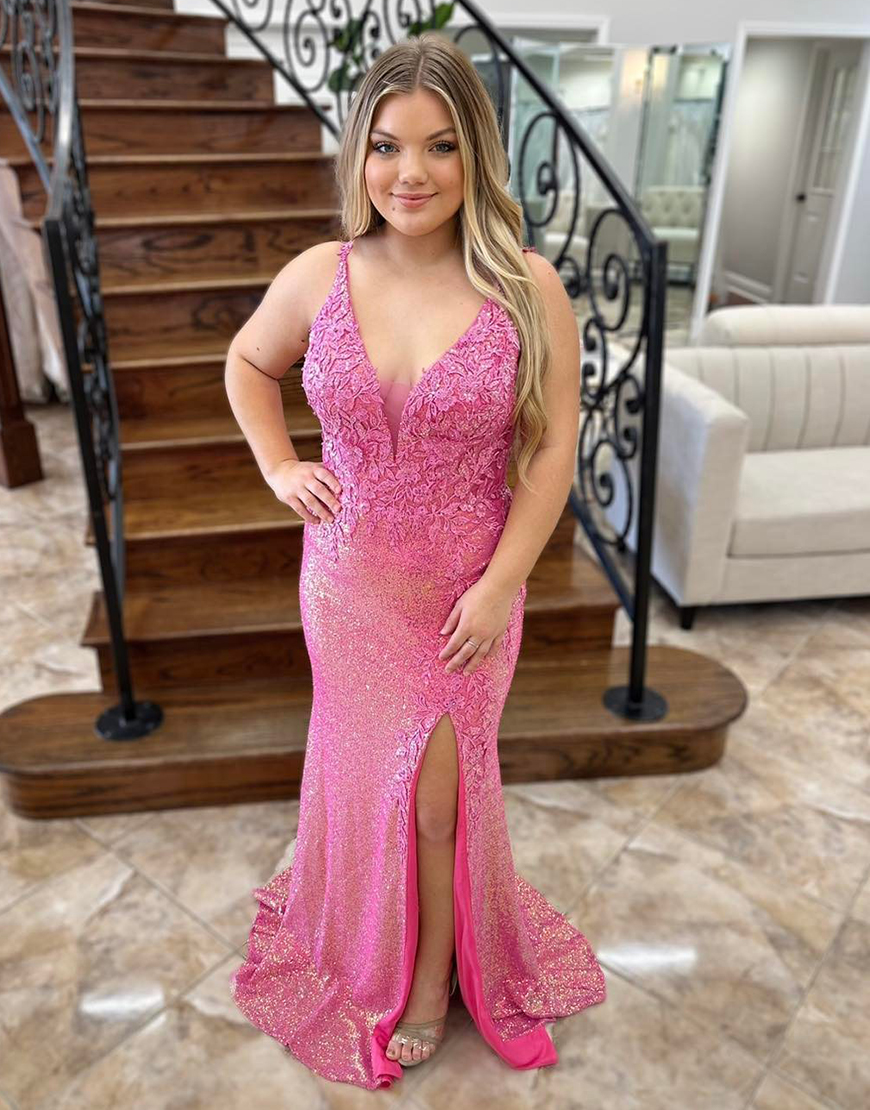 Sparkly Pink Mermaid Spaghetti Straps Appliques Corset Sequins Long Prom Dress with Slit