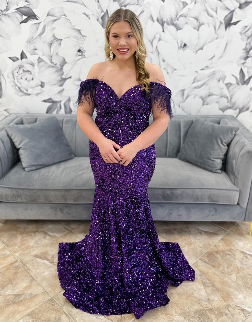 Sparkly Grape Mermaid Feathered Off the Shoulder Sequins Long Prom Dress