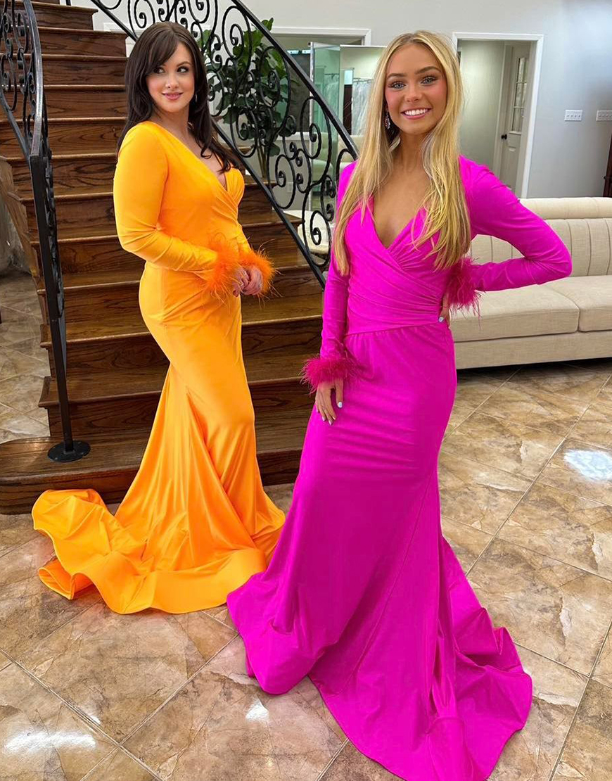 Fuchsia Mermaid V Neck Feathered Long Sleeves Keyhole Long Prom Dress