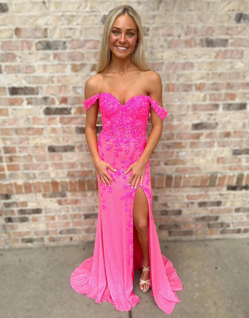 Sparkly Pink Mermaid Off the Shoulder Appliques Sequined Long Prom Dress with Slit