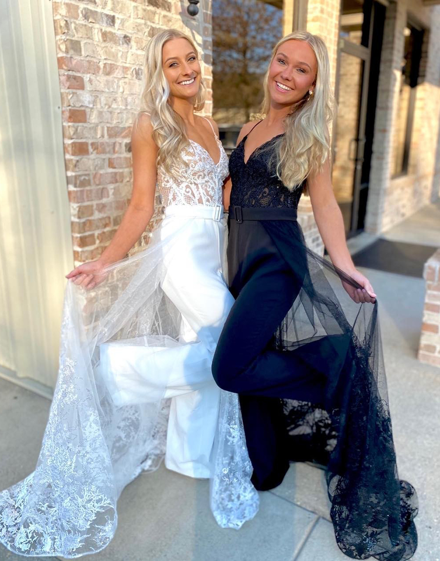 Berlinnova Women Sparkly Black Prom Jumpsuit Spaghetti Straps Sequined Lace Party Jumpsuit with Sweeping Train