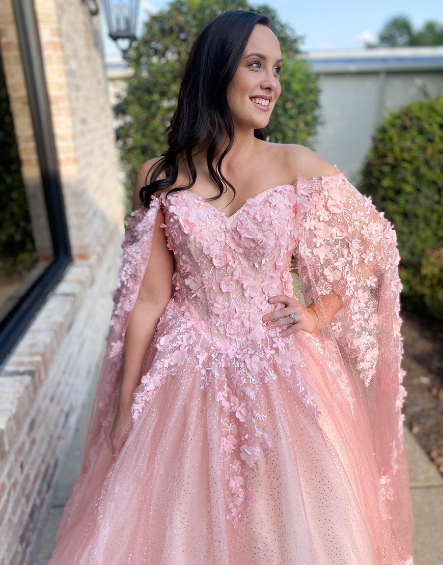 Sparkly Pink A-Line Off the Shoulder Flowers Corset Long Prom Dress with Cape Sleeves