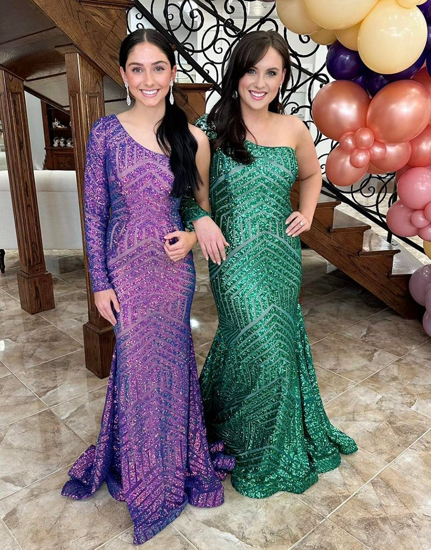 Sparkly Dark Green Mermaid One Shoulder Long Sleeve Sequined Long Prom Dress