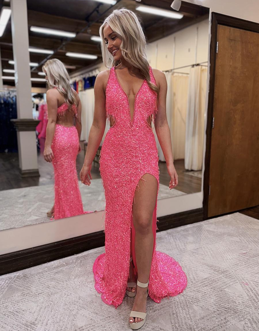 Sparkly Pink Mermaid V Neck Tassels Sequins Long Prom Dress with Slit