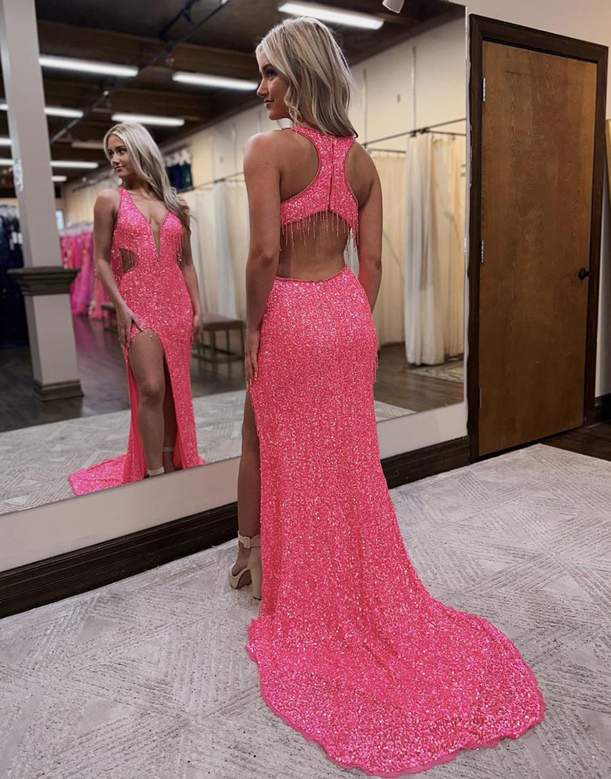 Sparkly Pink Mermaid V Neck Tassels Sequins Long Prom Dress with Slit