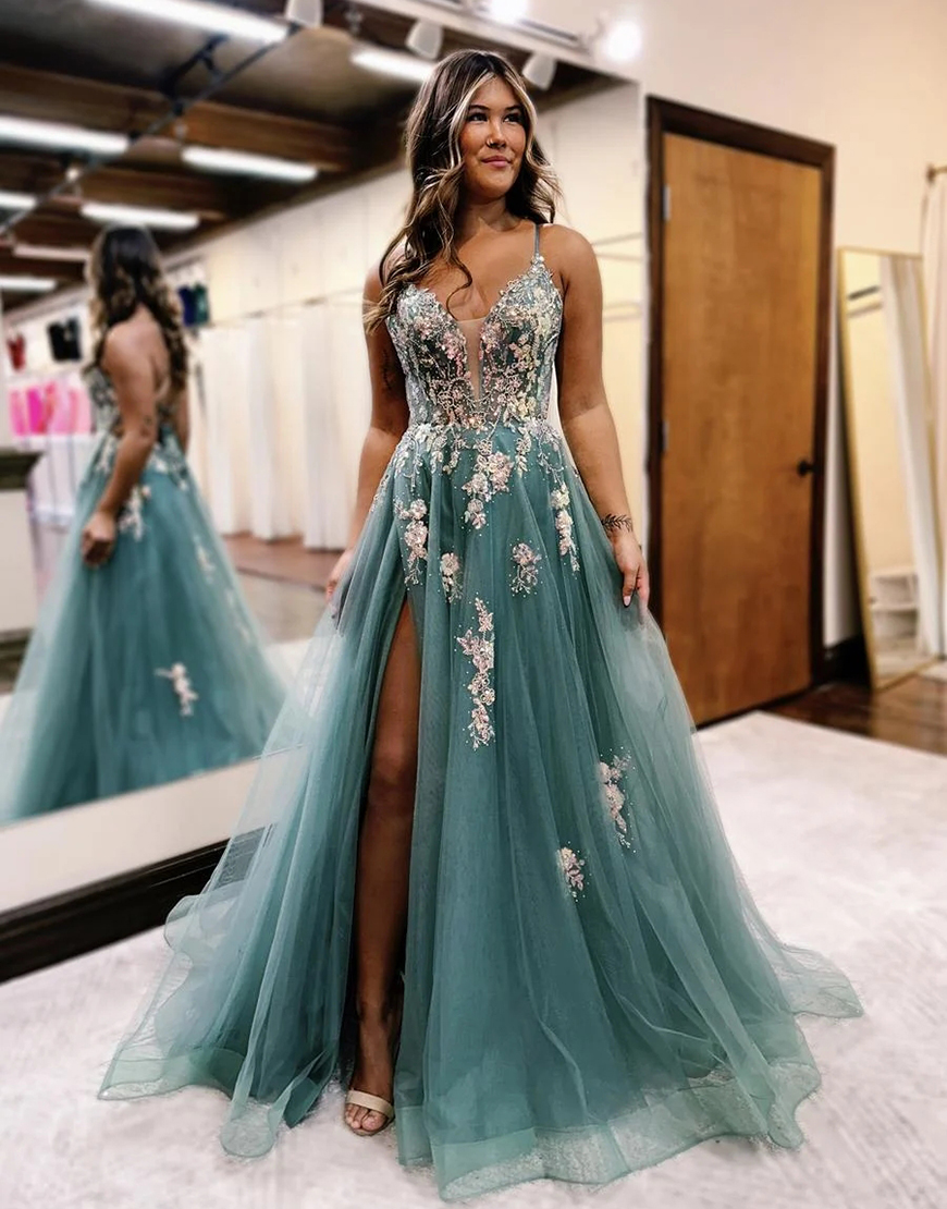 Sparkly Sage A-Line Spaghetti Straps Sequined Appliques Corset Tulle Long Prom Dress with Slit