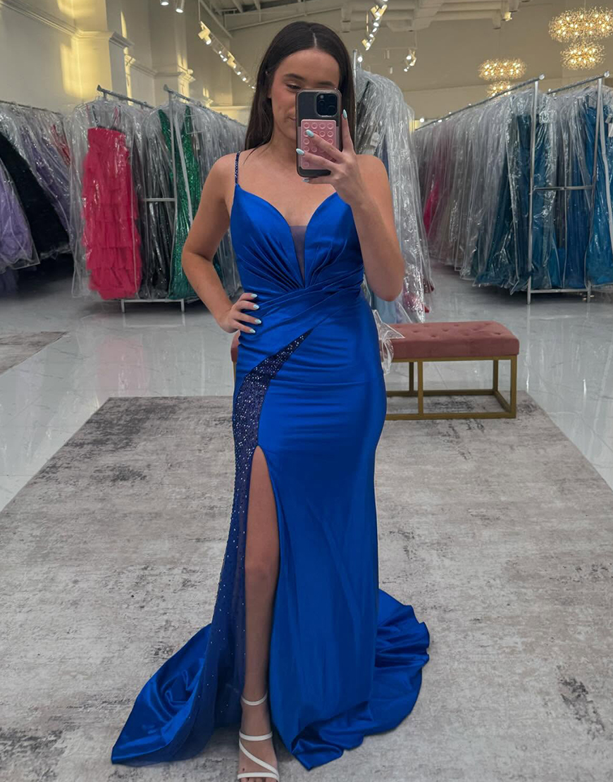Sparkly Royal Blue Mermaid Spaghetti Straps Satin Long Prom Dress with Slit
