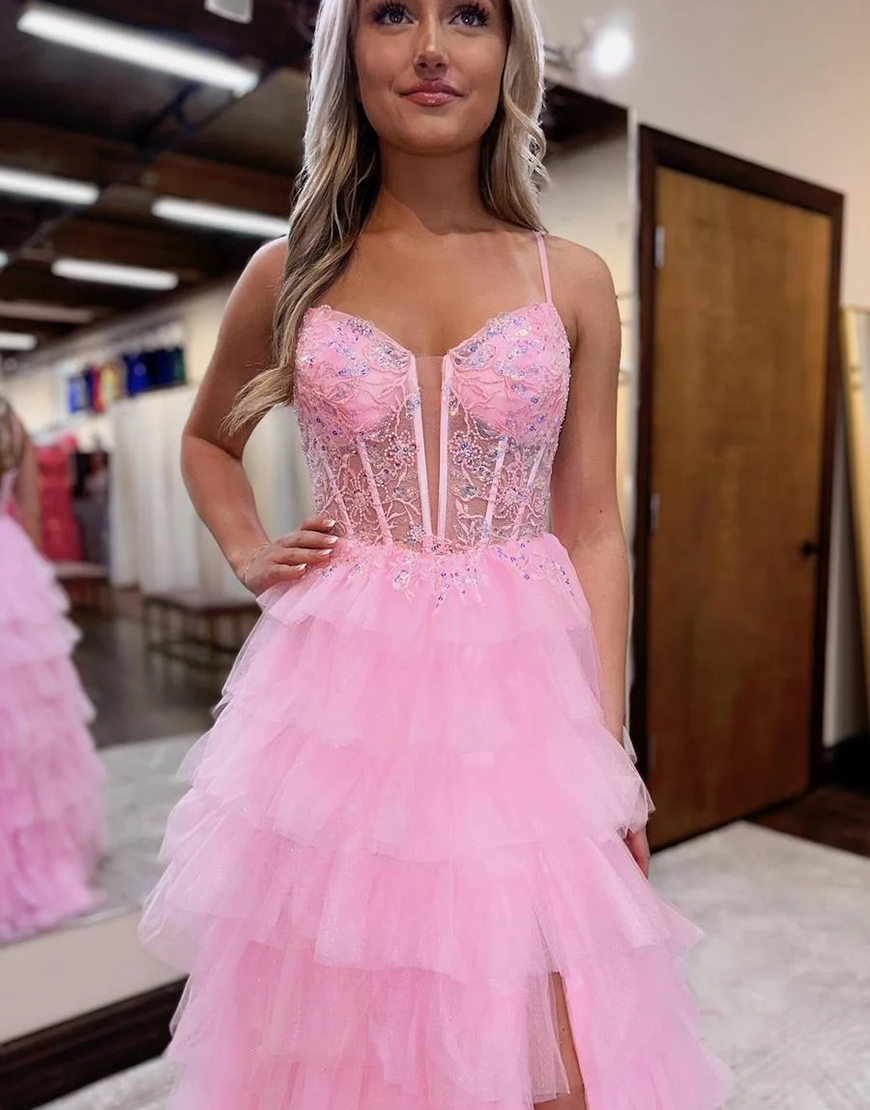 Sparkly Pink A-Line Spaghetti Straps Sequined Corset Ruffles Tulle Long Prom Dress