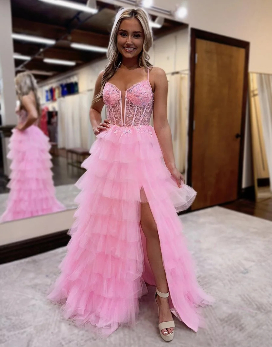 Sparkly Pink A-Line Spaghetti Straps Sequined Corset Ruffles Tulle Long Prom Dress