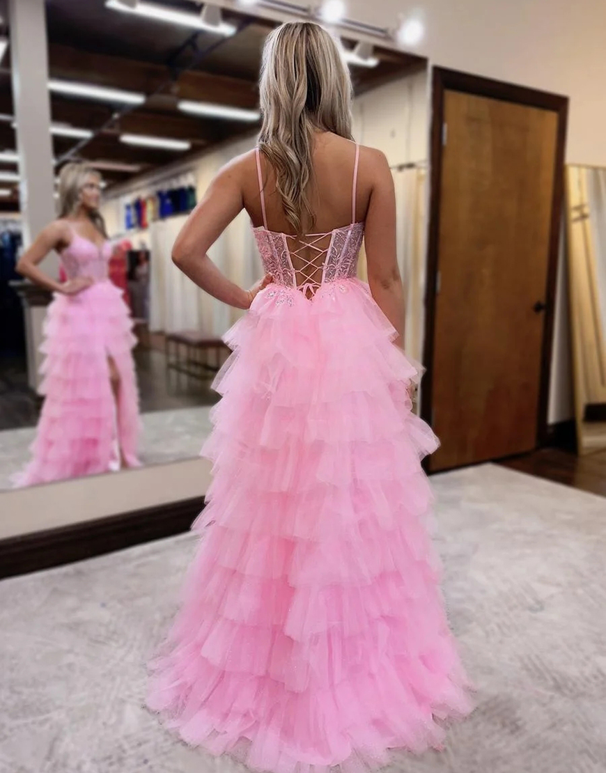 Sparkly Pink A-Line Spaghetti Straps Sequined Corset Ruffles Tulle Long Prom Dress