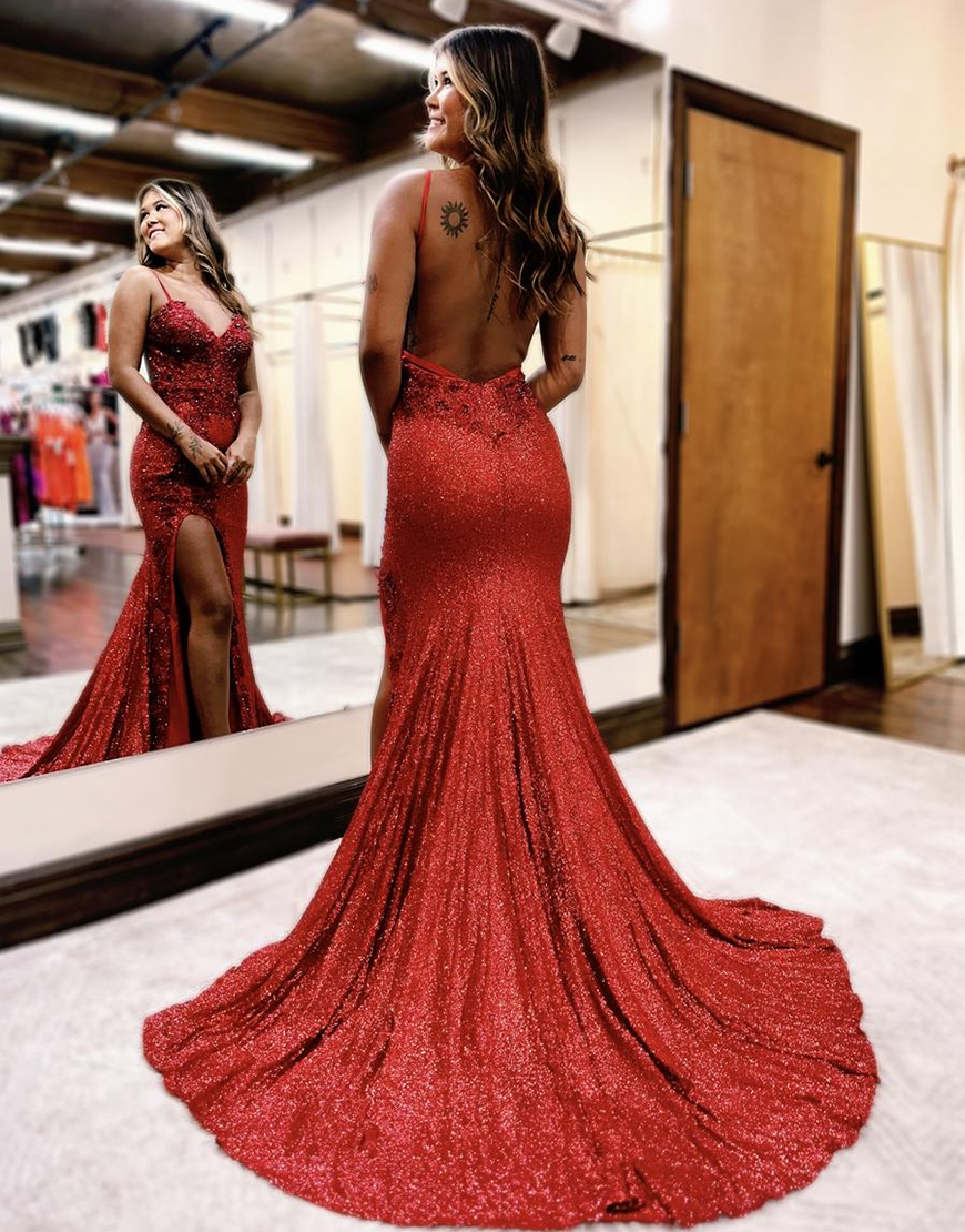 Sparkly Dark Red Mermaid Spaghetti Straps Sequined Appliques Long Prom Dress with Slit