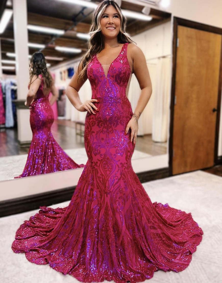 Sparkly Fuchsia Mermaid V Neck Sequined Embroidery Long Prom Dress