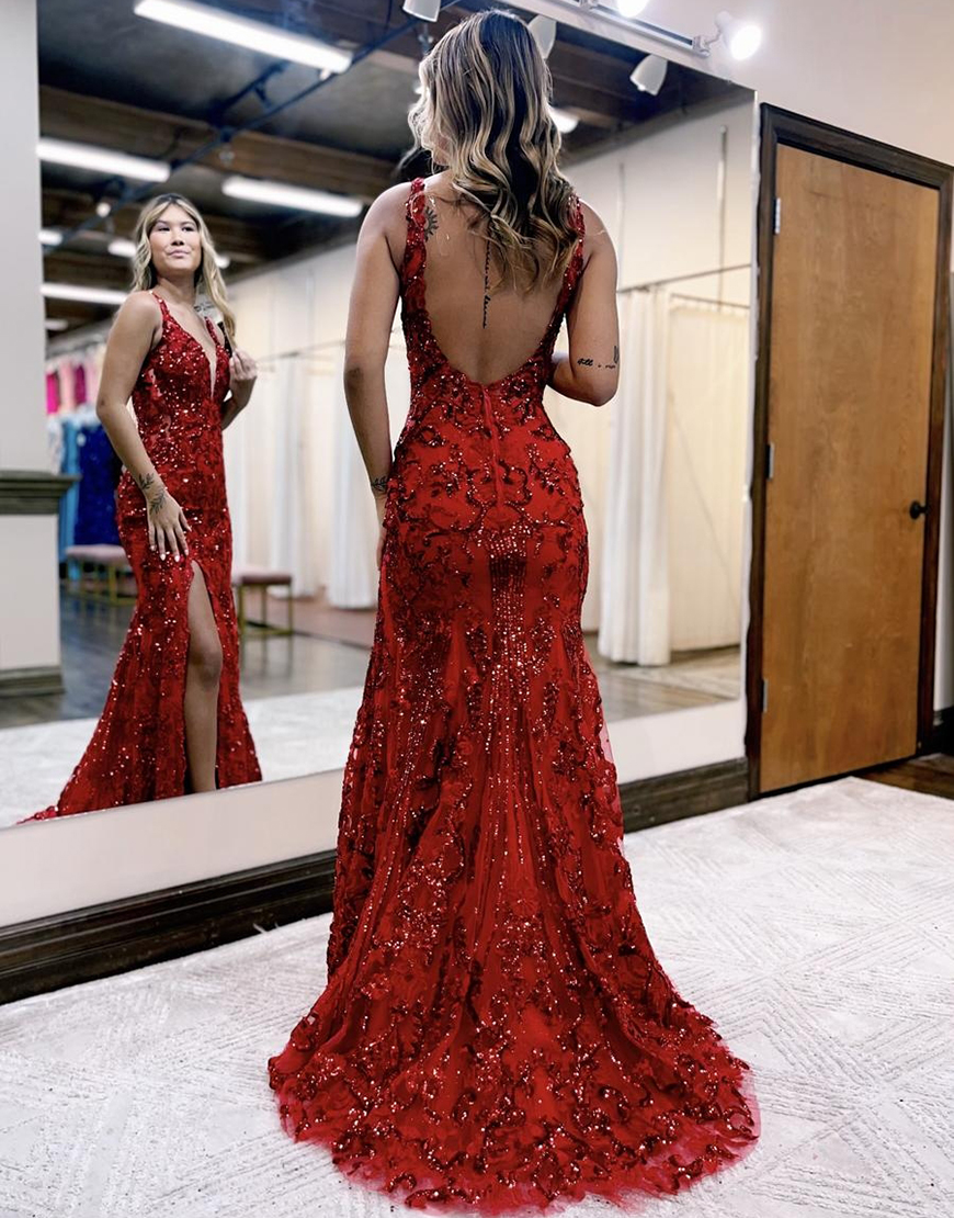 Sparkly Dark Red Mermaid V Neck Sequined Long Prom Dress with Split Front