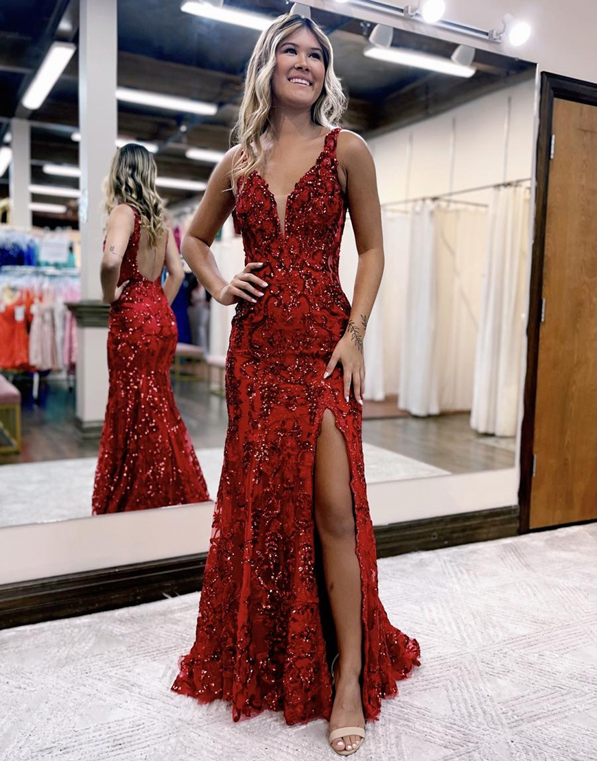 Sparkly Dark Red Mermaid V Neck Sequined Long Prom Dress with Split Front