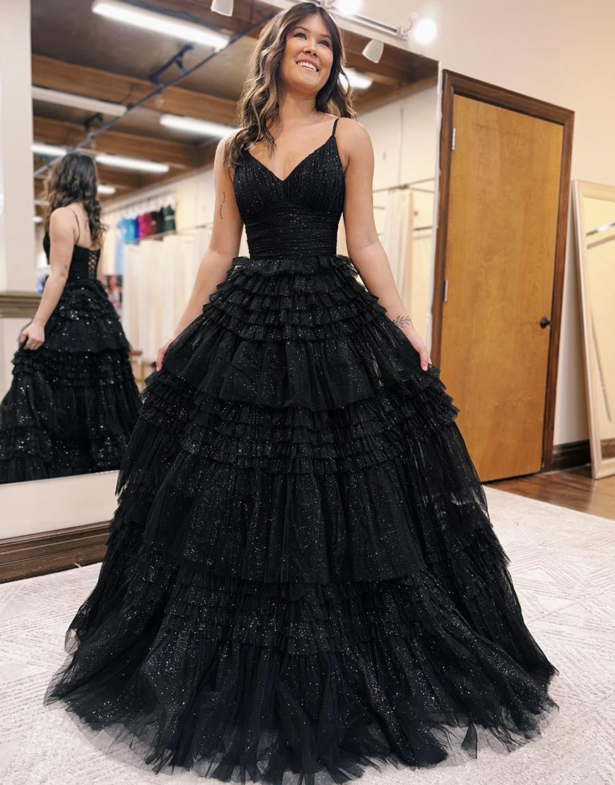 Sparkly Black A-Line Spaghetti Straps Ruffles Tulle Long Prom Dress