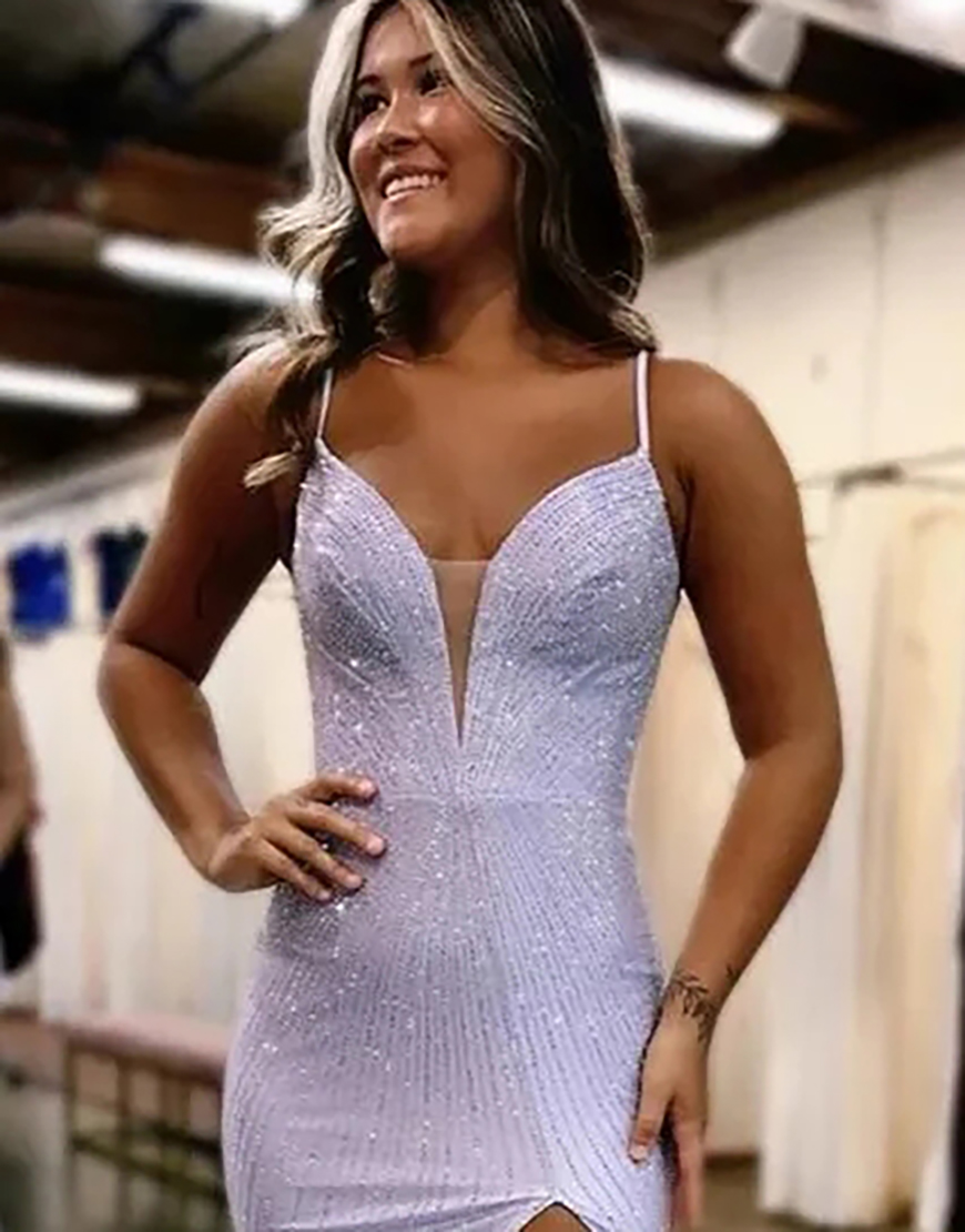 Sparkly Black Mermaid Spaghetti Straps Beaded Long Prom Dress with Slit