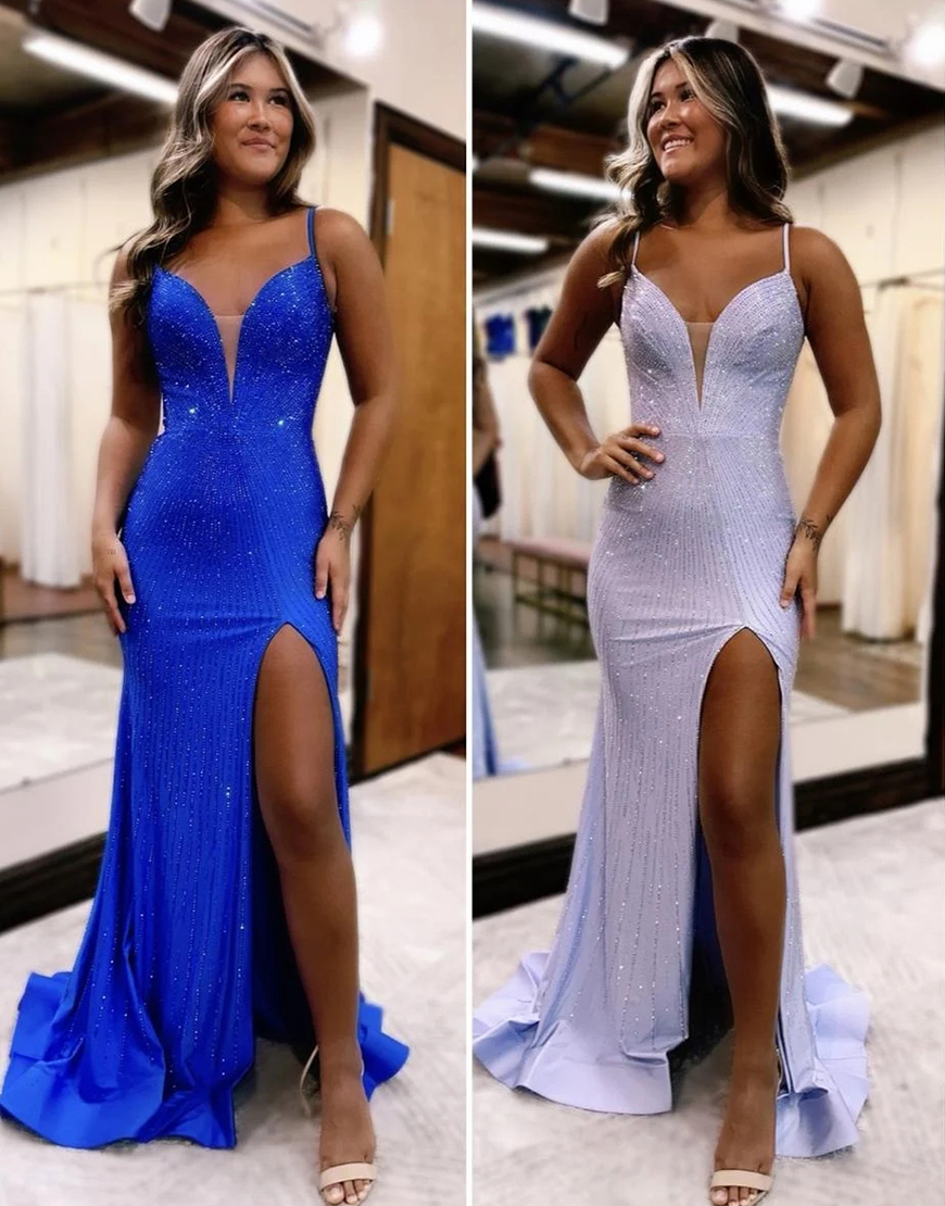 Sparkly Black Mermaid Spaghetti Straps Beaded Long Prom Dress with Slit