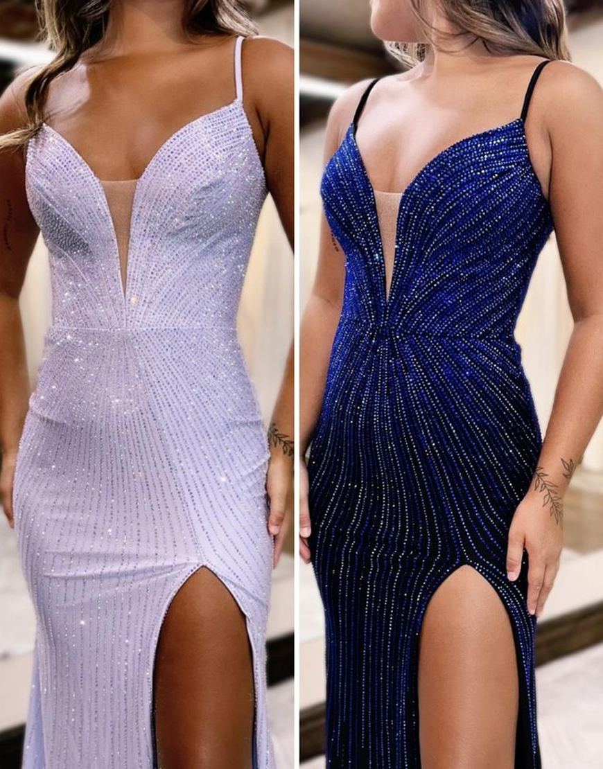 Sparkly Black Mermaid Spaghetti Straps Beaded Long Prom Dress with Slit