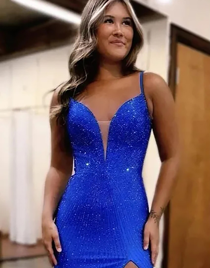 Sparkly Black Mermaid Spaghetti Straps Beaded Long Prom Dress with Slit