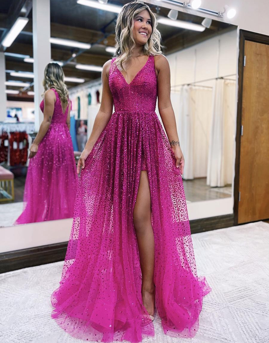 Sparkly Fuchsia A-Line Spaghetti Straps Sequins Long Prom Dress