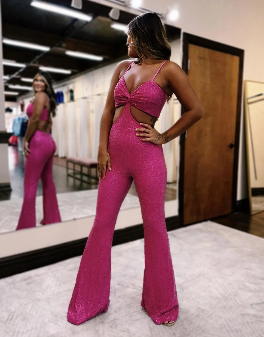 Sparkly Royal Blue Spaghetti Straps Sequined Long Prom Jumpsuit