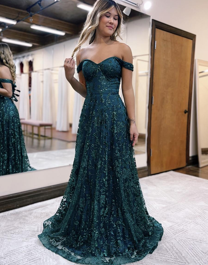Sparkly Dark Green A-Line Off the Shoulder Long Prom Dress with Appliques