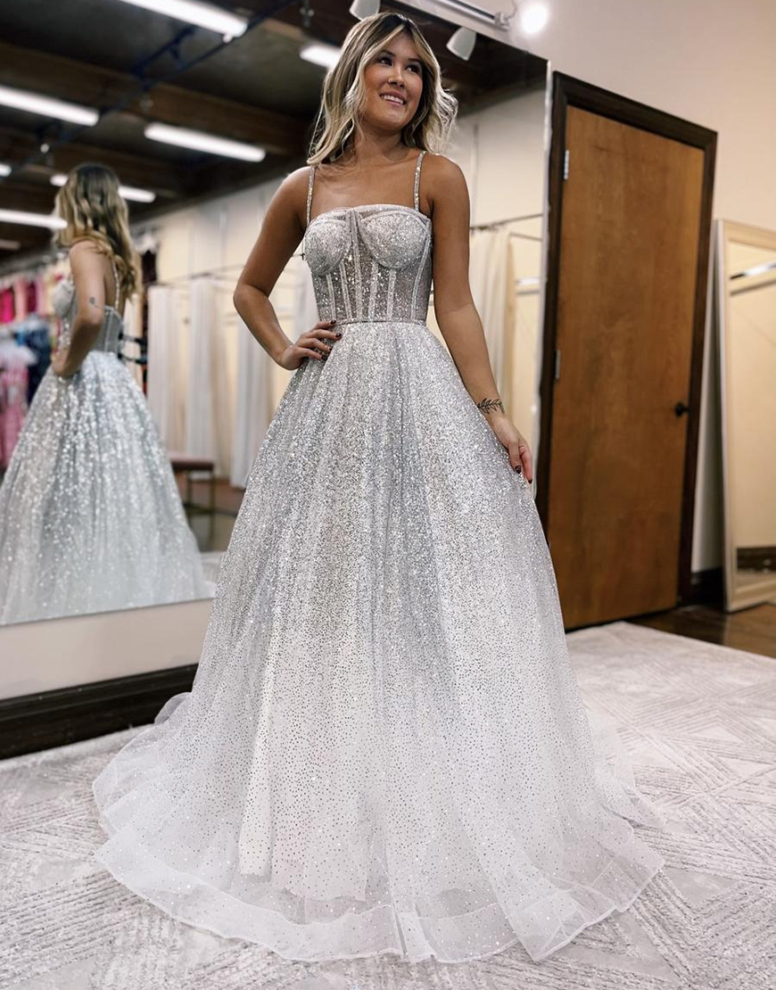 Sparkly White A-Line Spaghetti Straps Sequined Corset Tulle Long Prom Dress