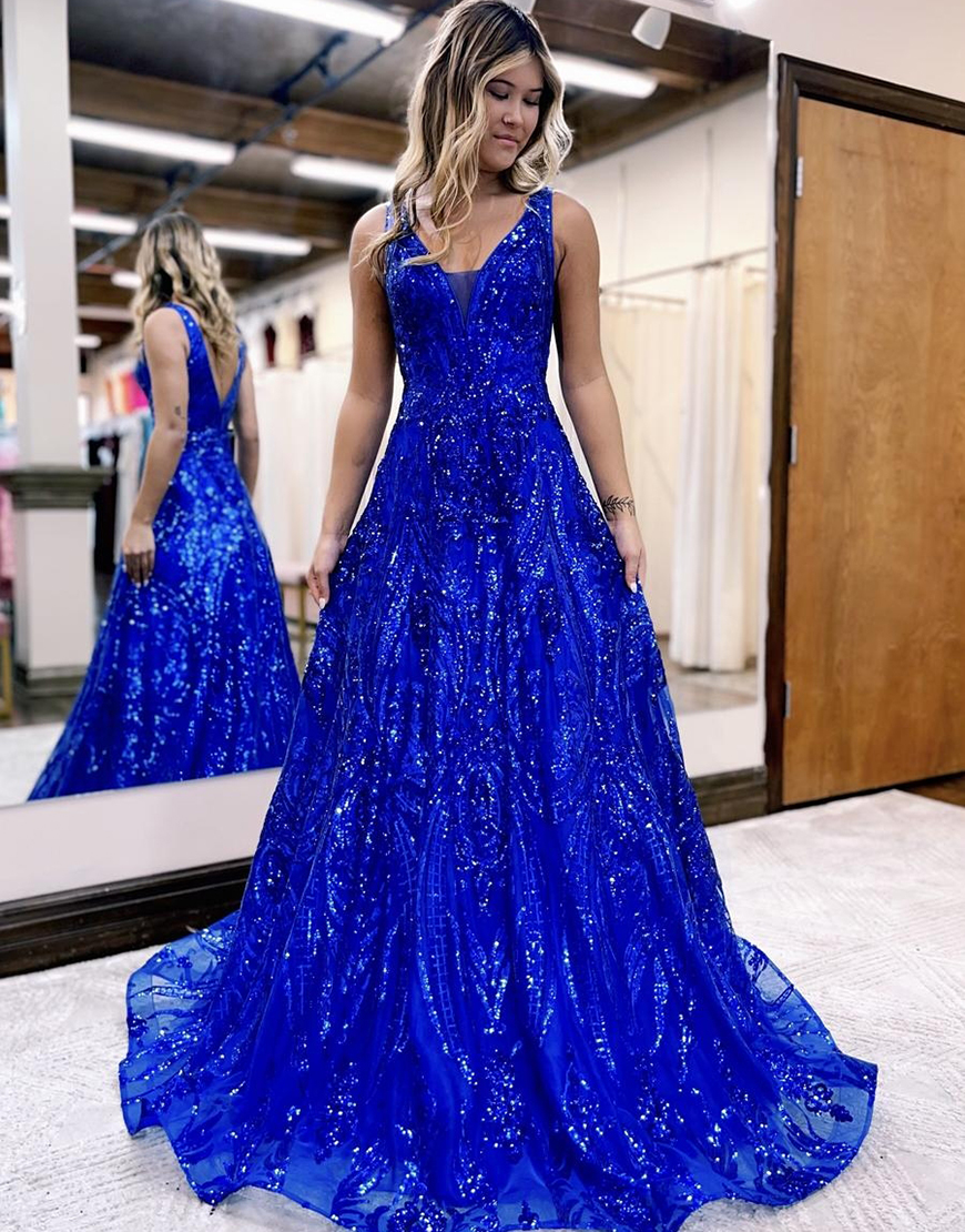 Sparkly Royal Blue A-Line V Neck Sequined Embroidery Tulle Long Prom Dress