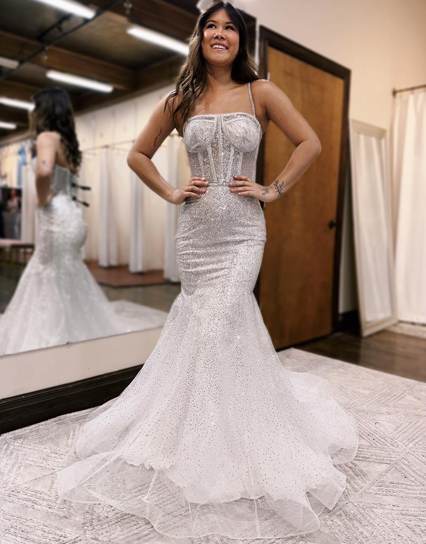 White Mermaid Sparkly Sequins Spaghetti Straps Corset Long Prom Dress 