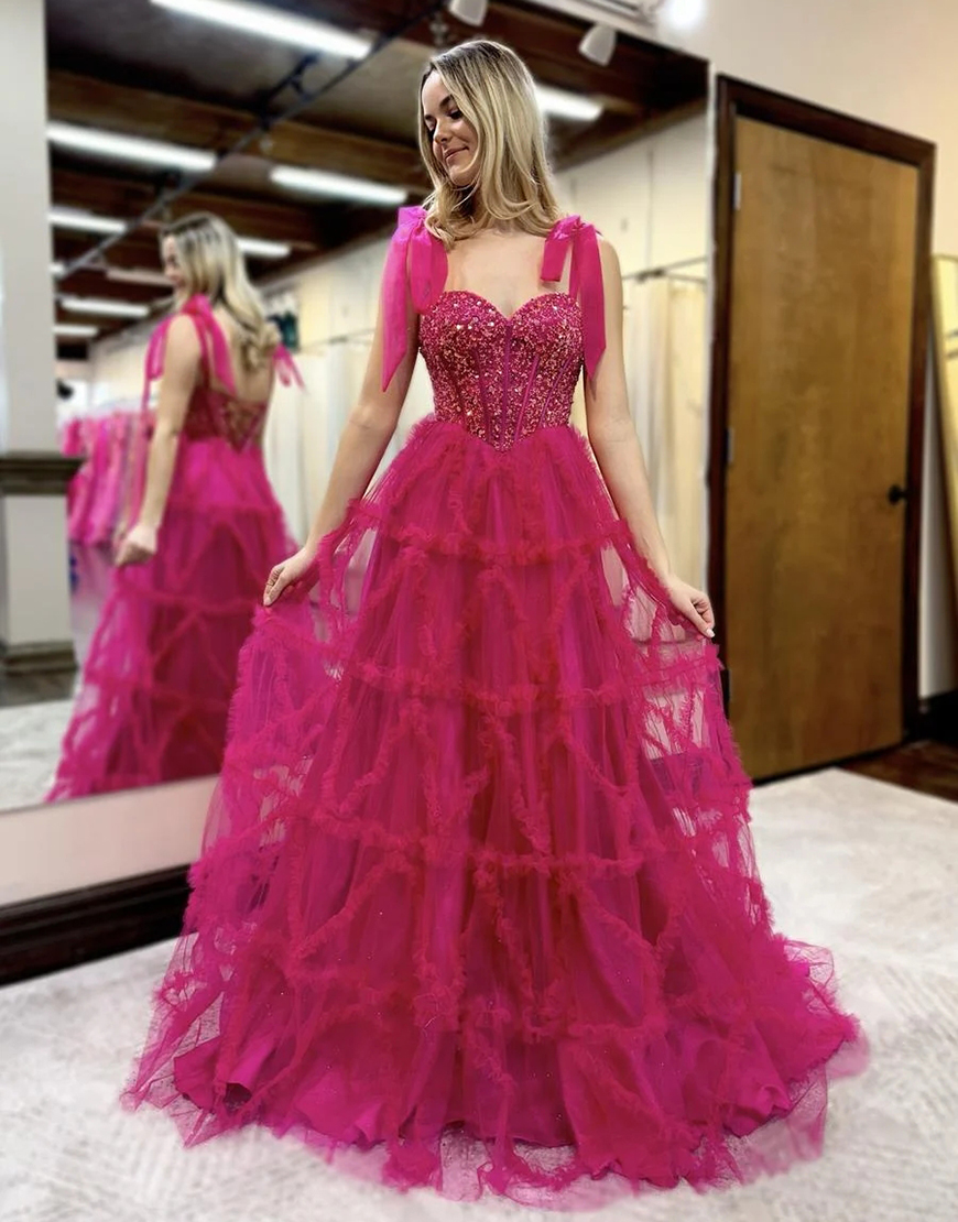 Sparkly Fuchsia A-Line Bow Tie Straps Sequined Corset Ruffles Tulle Long Prom Dress