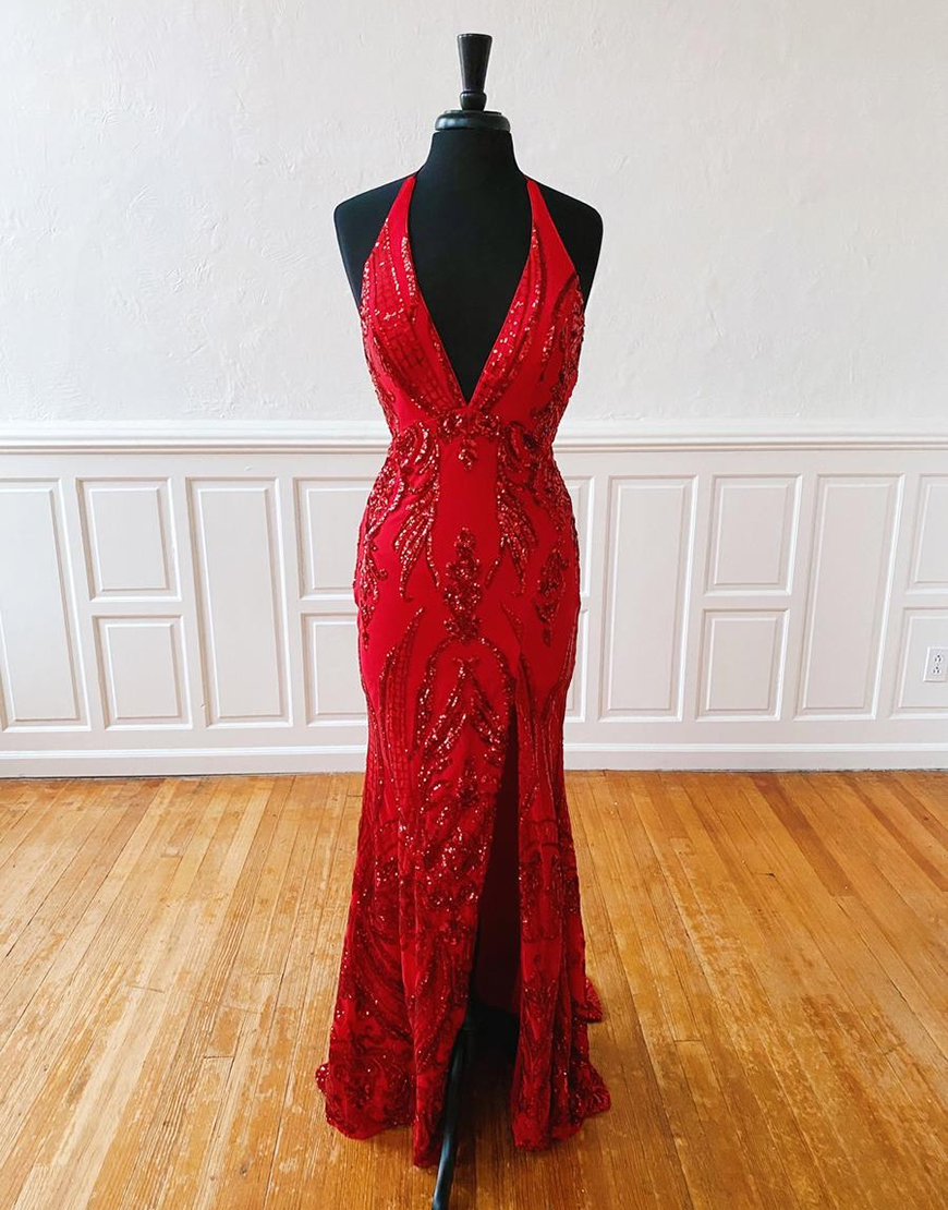 Sparkly Red Mermaid Halter V-Neck Sequined Appliques Long Prom Dress with Slit