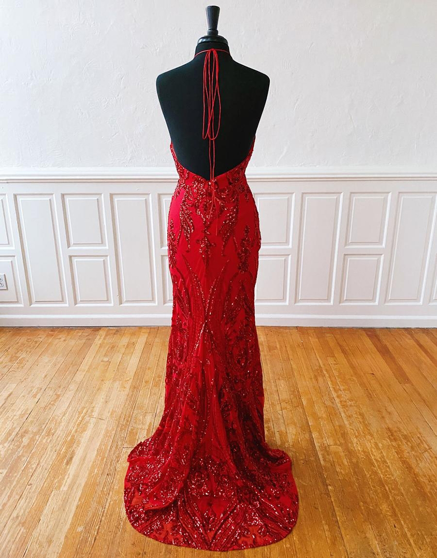 Sparkly Red Mermaid Halter V-Neck Sequined Appliques Long Prom Dress with Slit