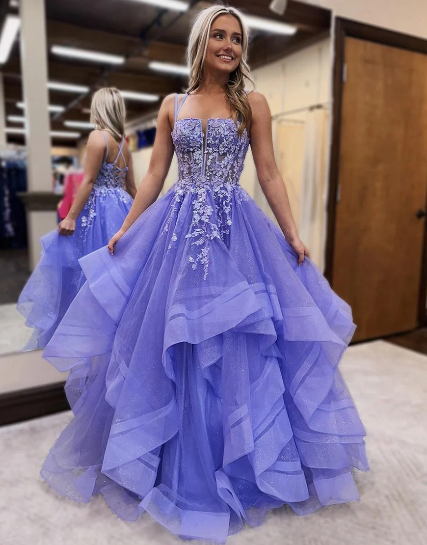 Sparkly Lavender A-Line Spaghetti Straps Corset Appliques Ruffles Tulle Long Prom Dress