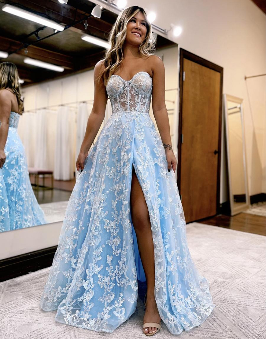 A-Line Light Blue Off the Shoulder Long-Sleeve Long Prom Dress with Appliques