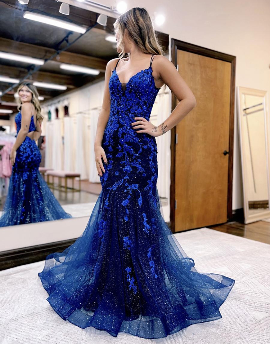 Sparkly Navy Mermaid Spaghetti Straps Sequined Appliques Long Prom Dress with Tulle Ruffles