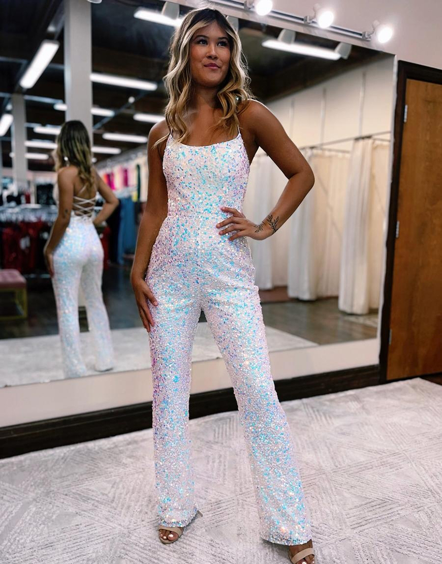 Sparkly White Spaghetti Straps Sequined Long Prom Jumpsuit with Lace Up Back