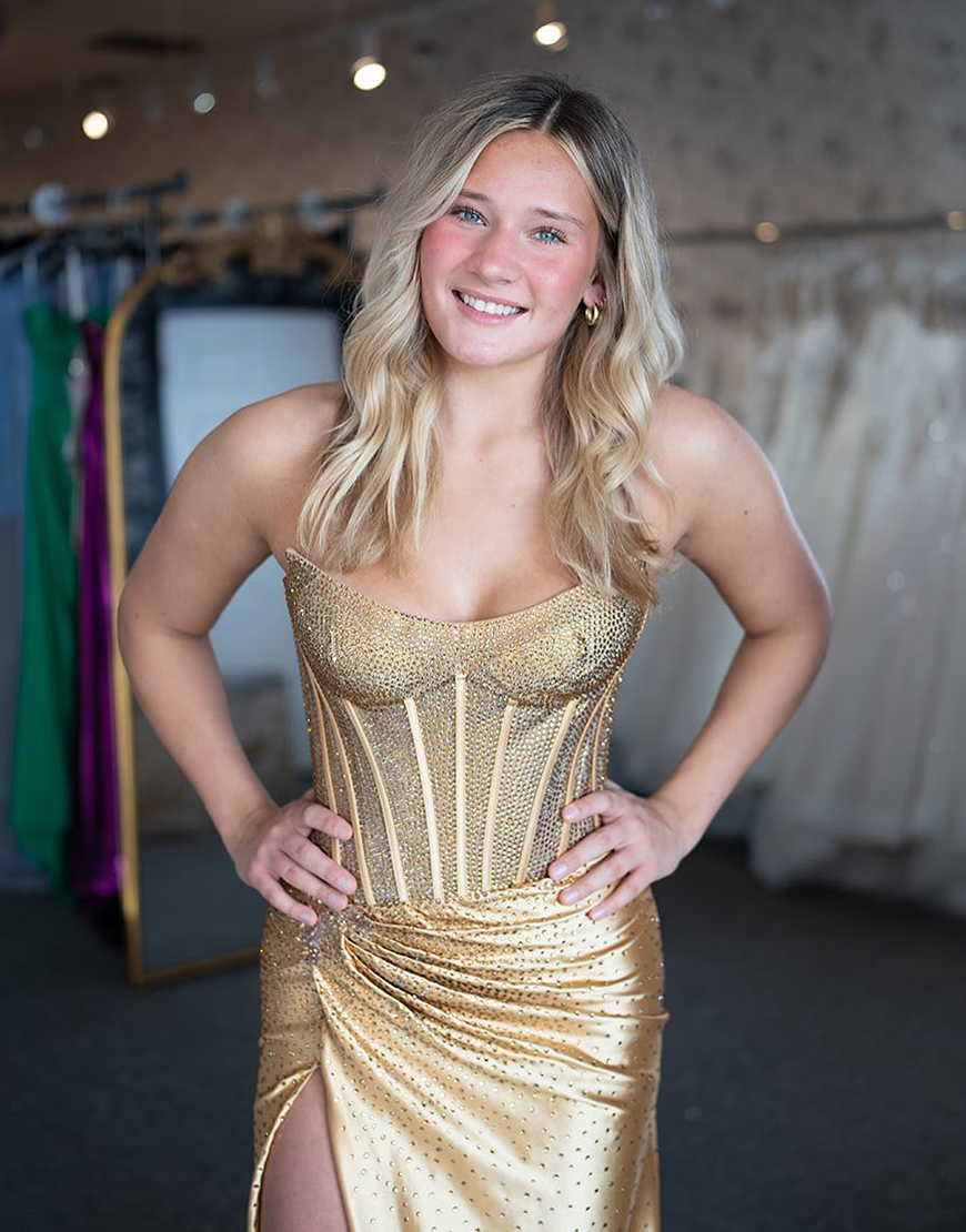 Sparkly Golden Strapless Beaded Mermaid Corset Ruched Long Prom Dress with Slit