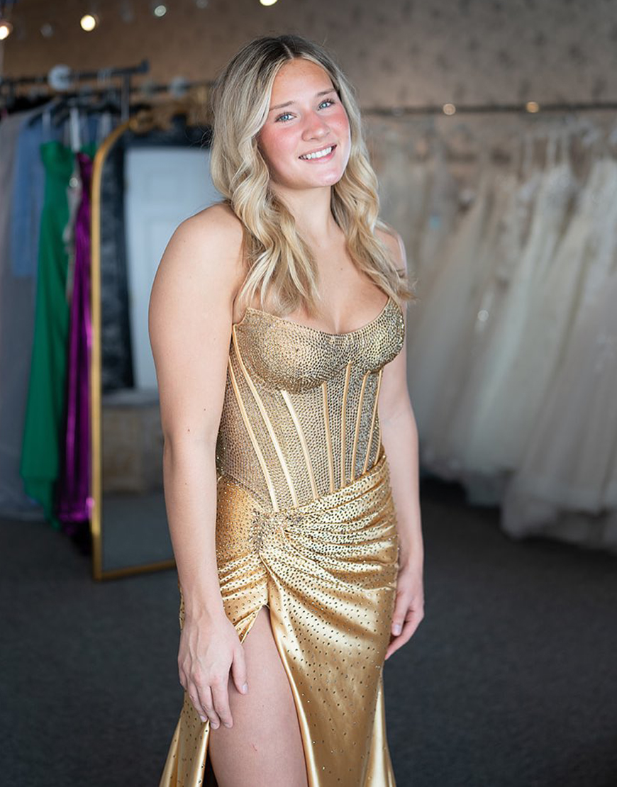 Sparkly Golden Strapless Beaded Mermaid Corset Ruched Long Prom Dress with Slit