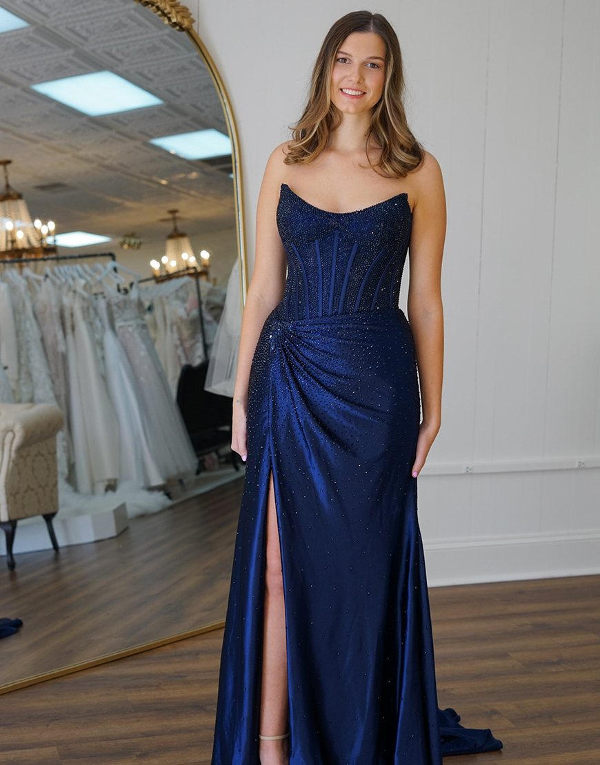 Sparkly Golden Strapless Beaded Mermaid Corset Ruched Long Prom Dress with Slit